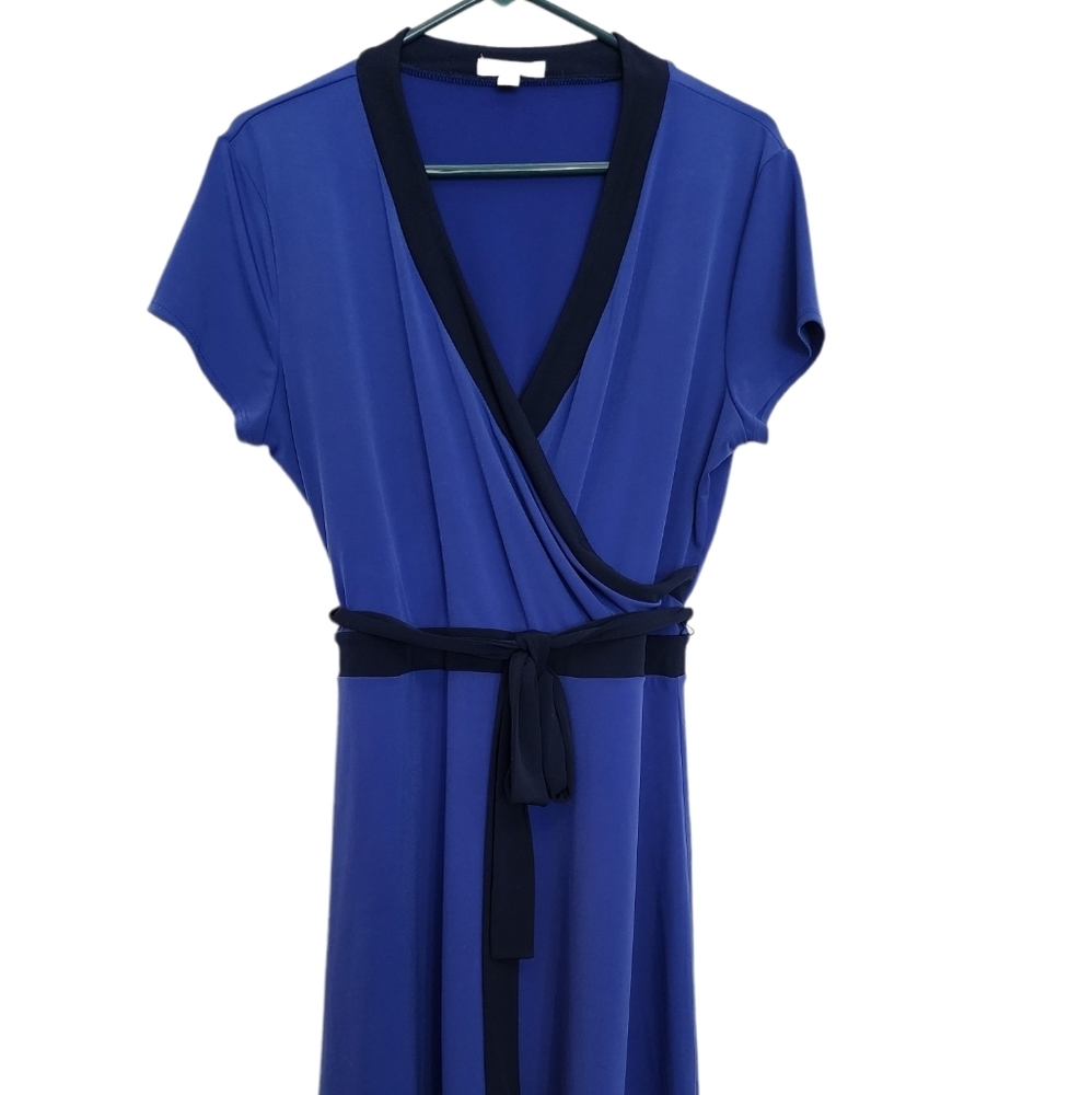 New York & Company blue black waist tie short sleeve dress SZ Large